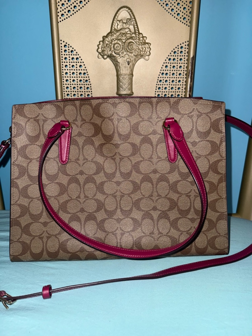 Coach Brown Signature Canvas Tote with Magenta Trim - Picture 2 of 7